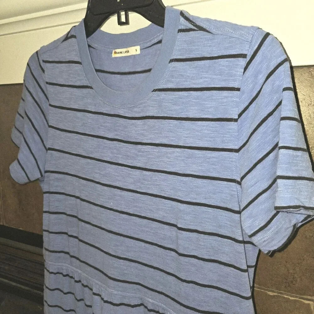 Marine Layer Sz S Sadie Slub Striped Blue Tiered Beachy Side Pockets Midi Dress